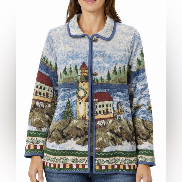 VTG 90s Blair Holiday Lighthouse Snowman Tapestry Jacket Nautical Anchor Medium - Picture 1 of 14